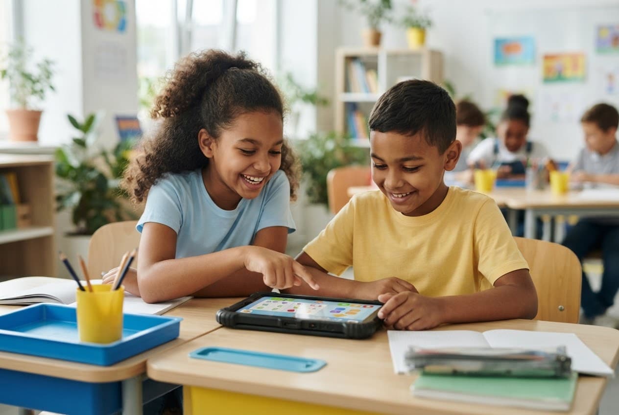 Two primary students learning together on a tablet in a classroom