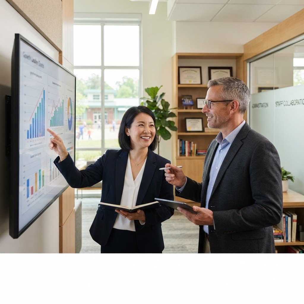 Two school leaders reviewing charts on a screen