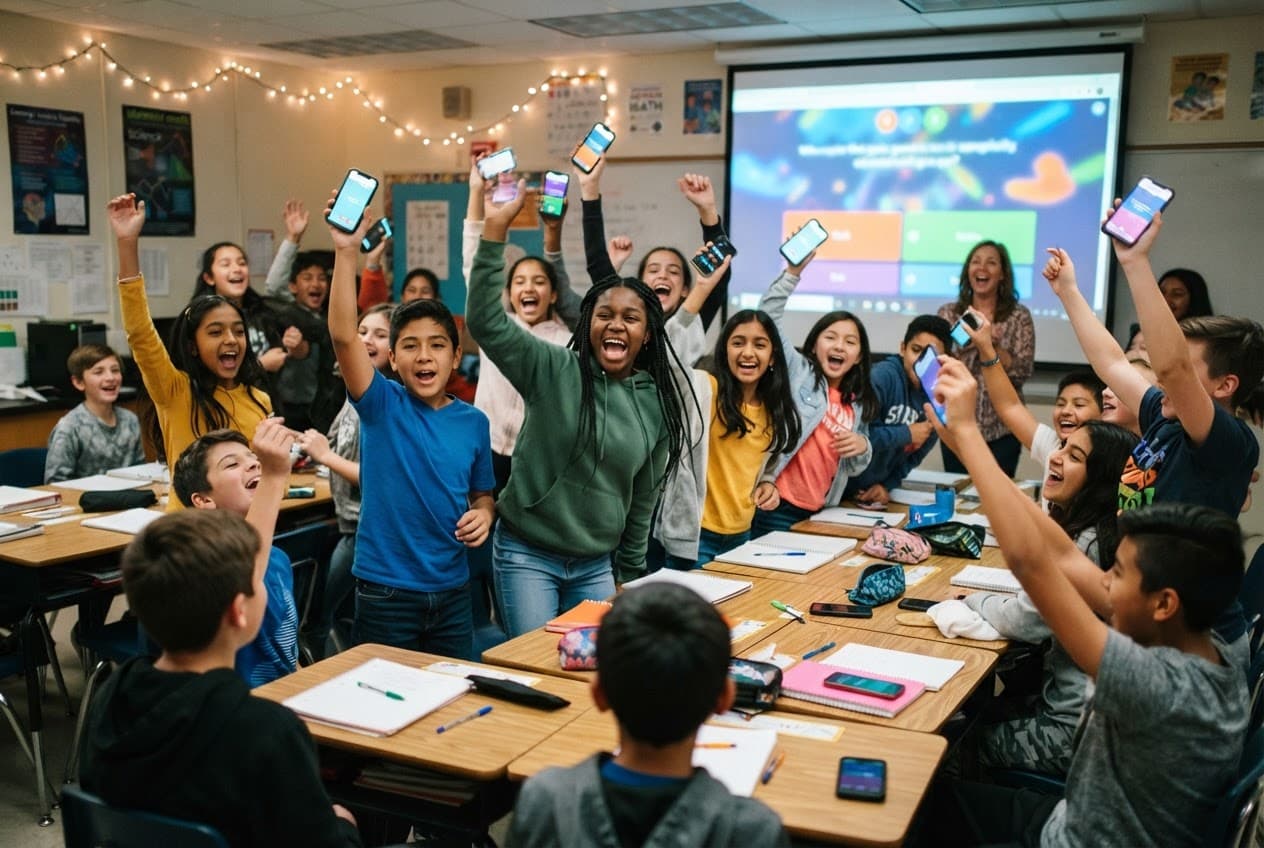 A class cheering with phones raised during a quiz