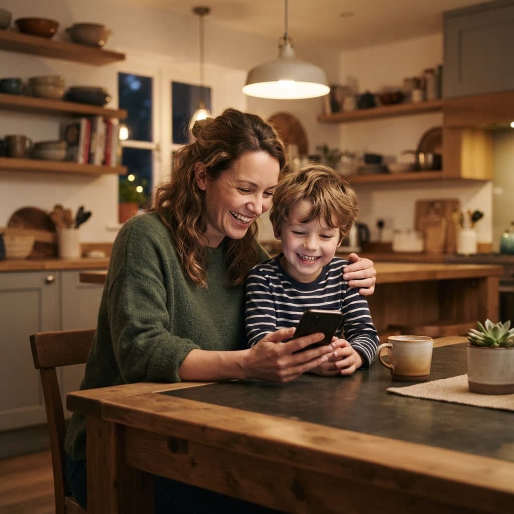 A father and daughter smiling at a phone at home