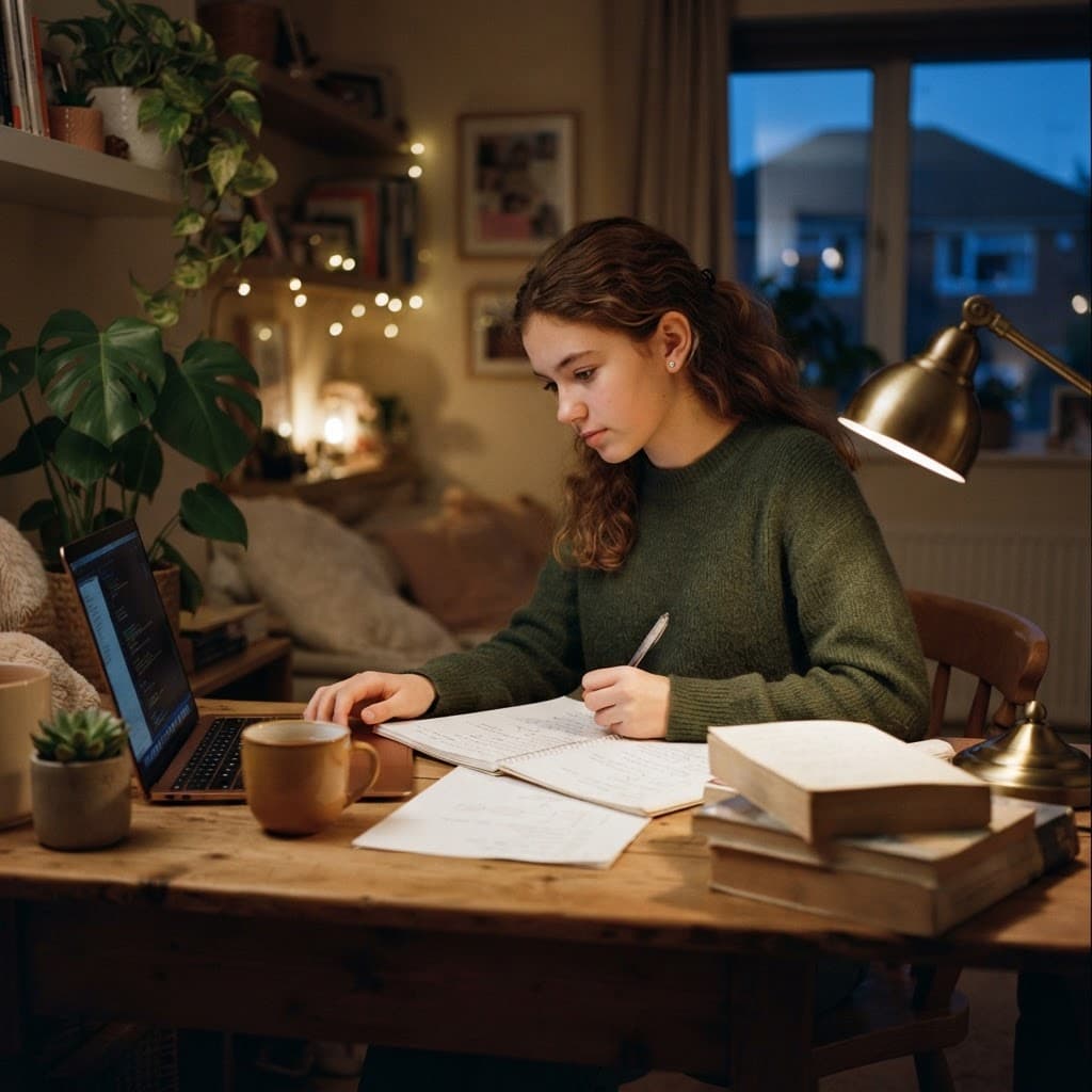 A student studying at home in the evening