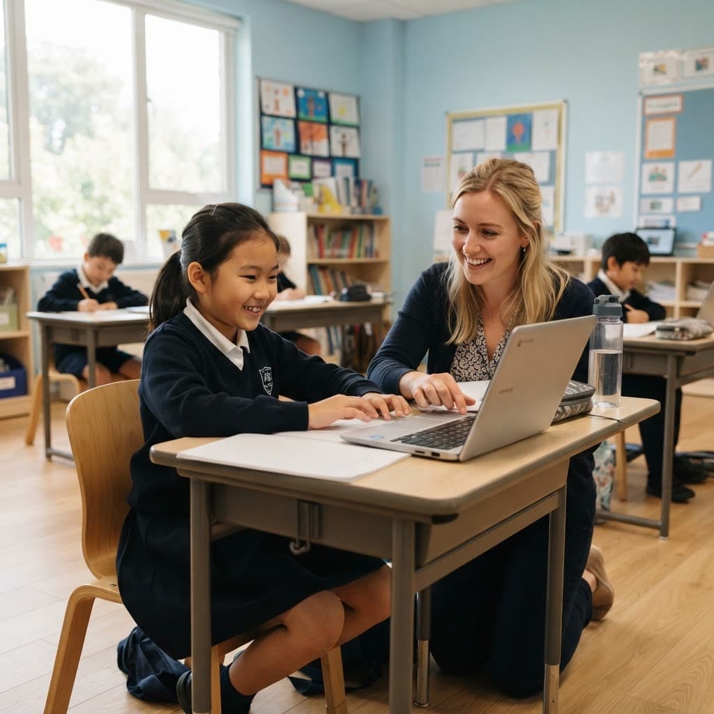 A teacher helping a student at a laptop in class